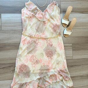 Y2K Vintage Chelsey Tan Peach Printed Frilly Slip Dress Midi